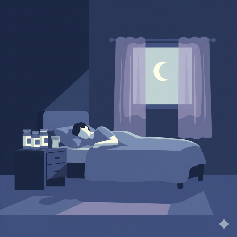 Sleep recovery guide - person sleeping with supplements on bedside table
