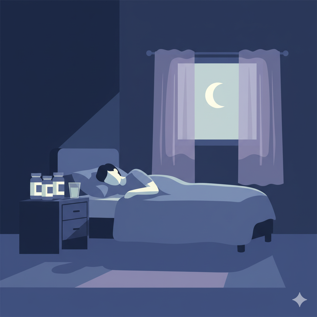 Sleep recovery guide - person sleeping with supplements on bedside table